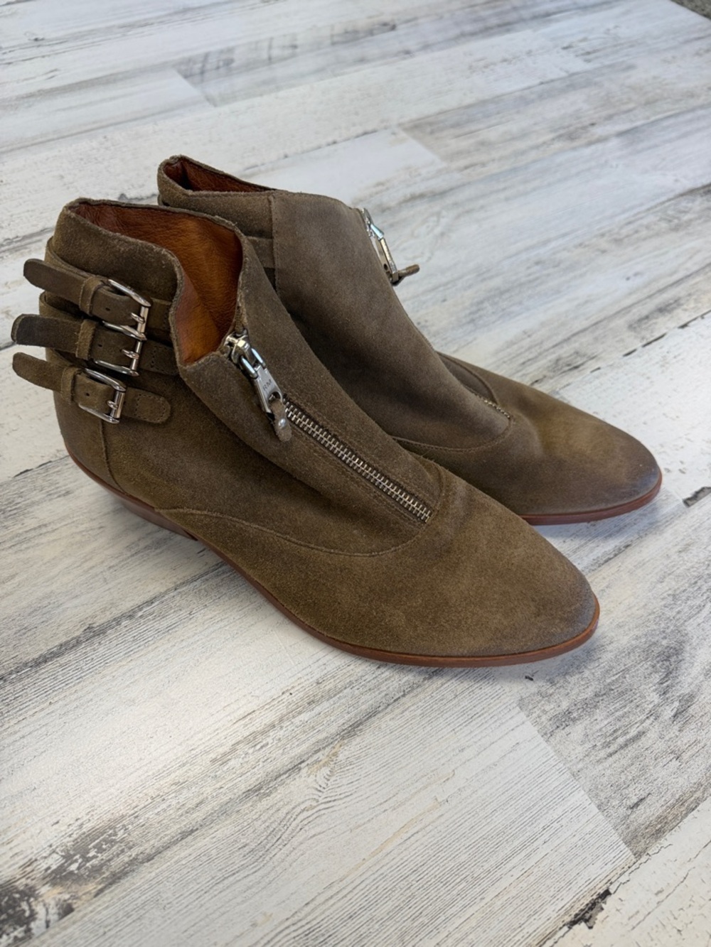 Women’s Suede Ankle Boots with Side Zippers and Triple Buckles - Olive Brown